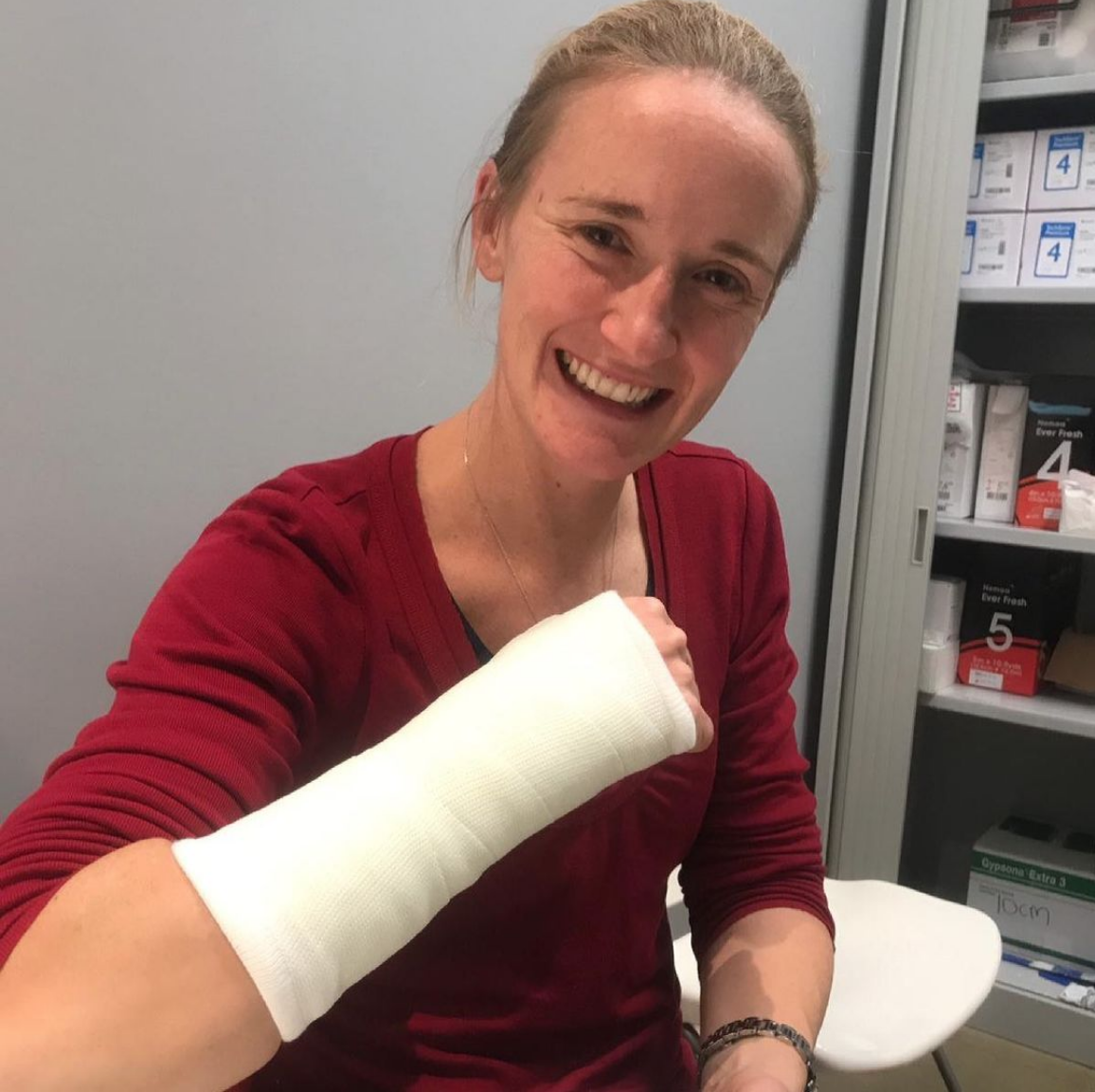 Orthotist, Honor Murdoch wearing a fibreglass cast on her right wrist.